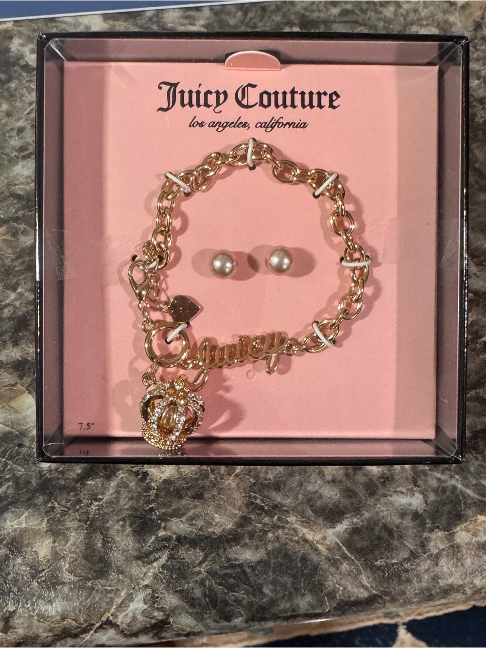 Juicy Couture Gold-Tone Logo Charm Bracelet with Faux Pearl Stud Earrings New